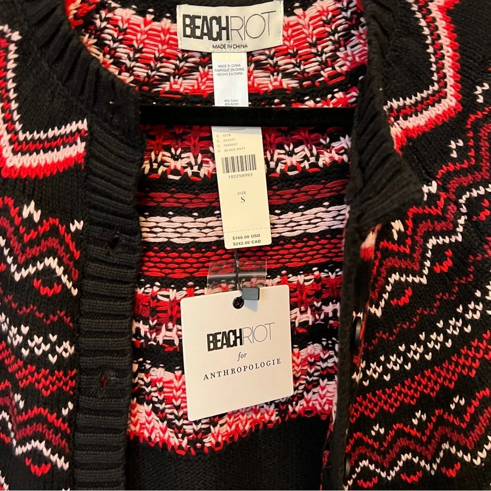 NWT Anthropologie x Beach Riot Black Red Fair Isle Sweater Cardigan Size Small